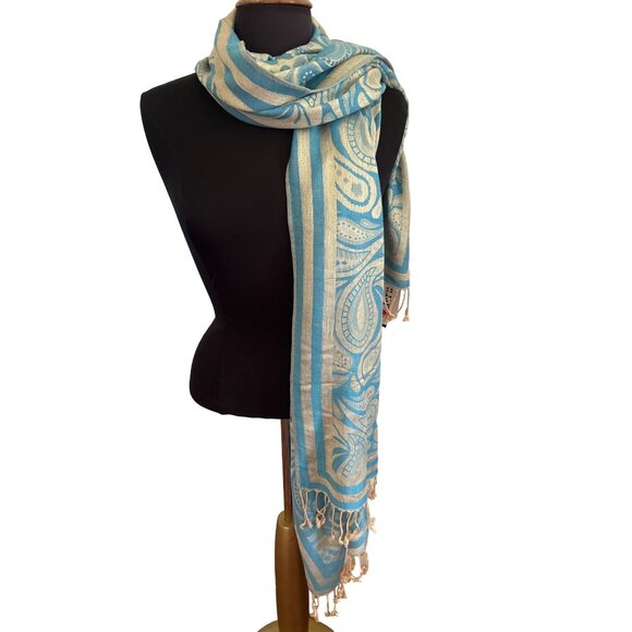 Blue & Gold Fringed Shawl/Scarf From The Holy Land - Picture 3 of 6